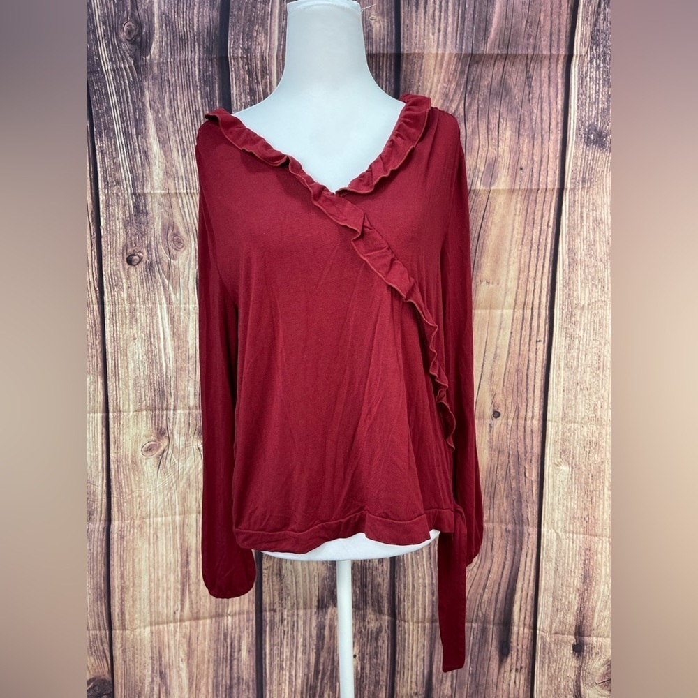 J. Crew Mercantile burgundy red ruffle V-neck  blouse women’s size L
